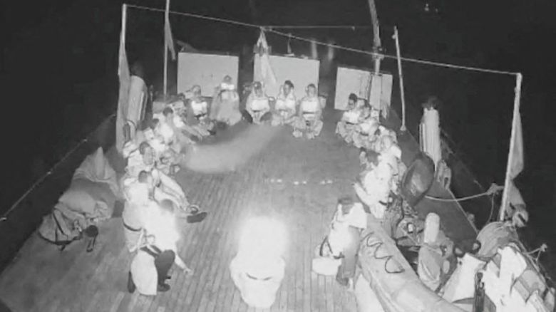 In this handout screenshot taken from live video footage, crew members can be seen sitting in a circle aboard the Gaza-bound "Alma" vessel on Wednesday.