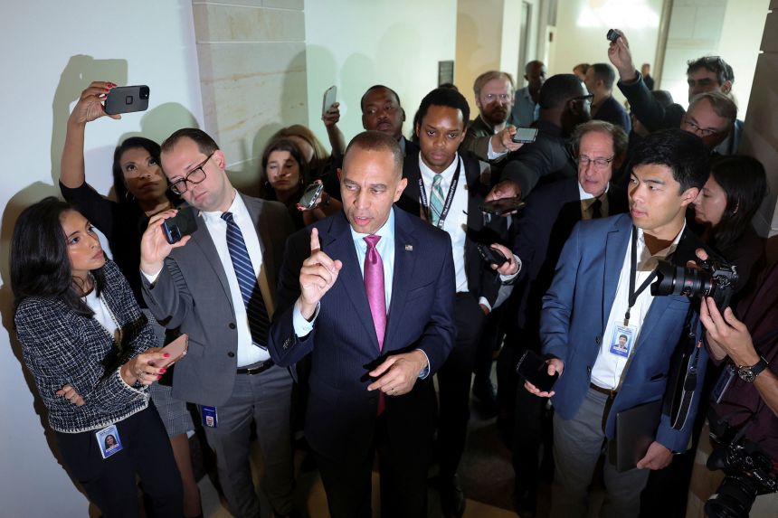 House Minority Leader Hakeem Jeffries speaks to reporters on Wednesday.