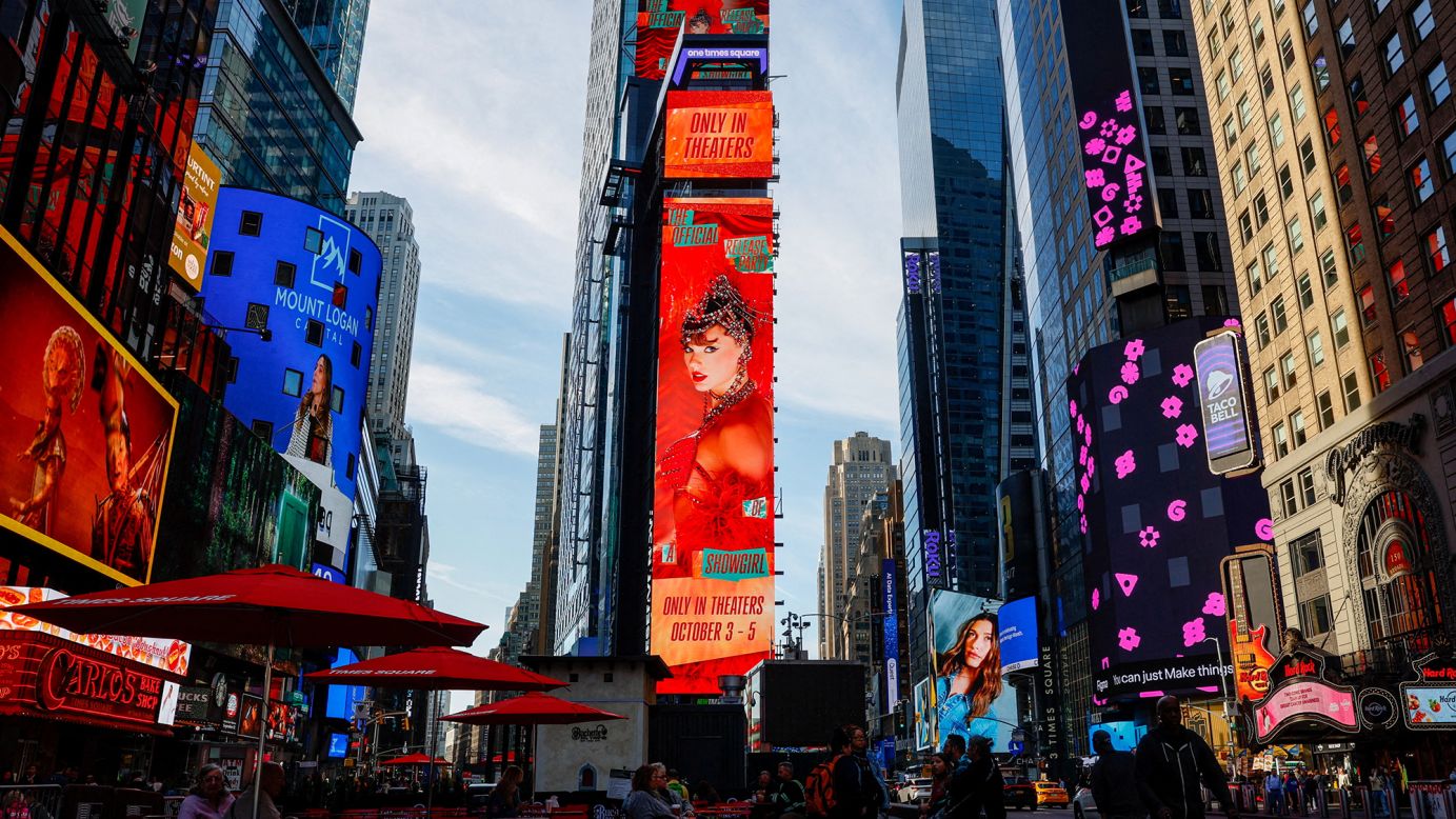 A billboard advertises "The Official Release Party of a Showgirl," a movie celebrating Taylor Swift's new album "The Life of a Showgirl," in Times Square, New York City, on October 3, 2025.