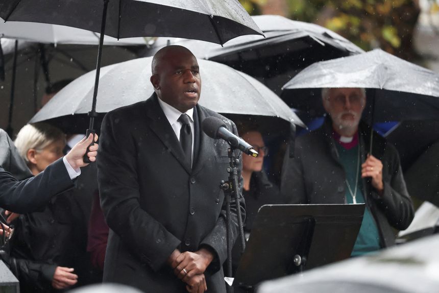 Britain's Deputy Prime Minister David Lammy speaks during a vigil in Manchester, Britain, on Friday.