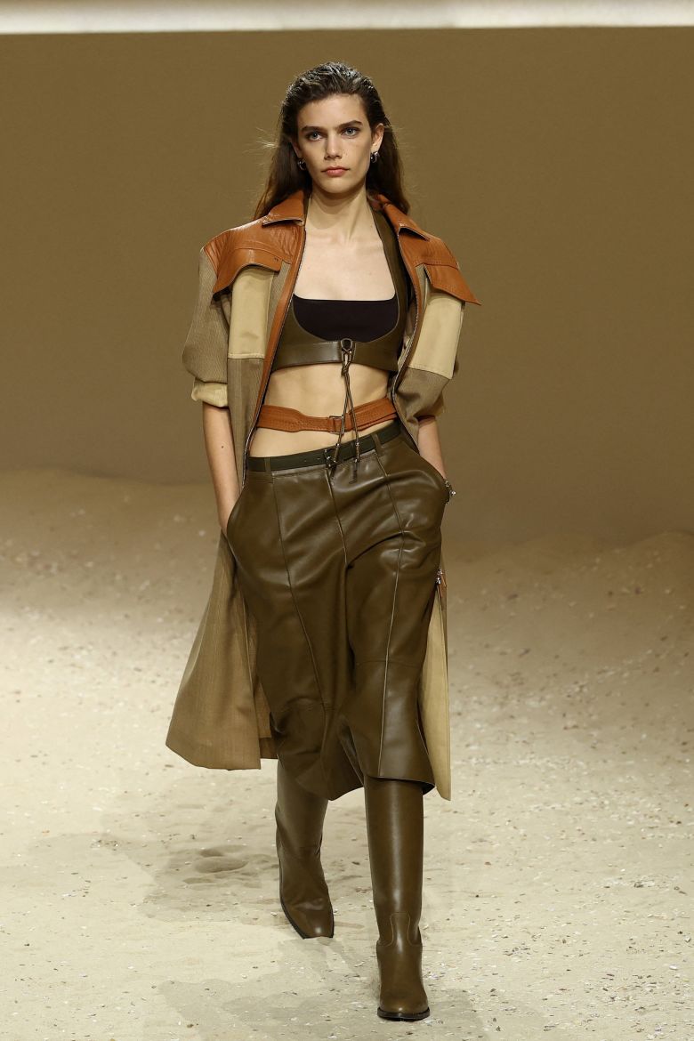 Leather is key to the house of Hermès, and the material featured in the Spring-Summer 2026 collection in shades of olive and caramel.
