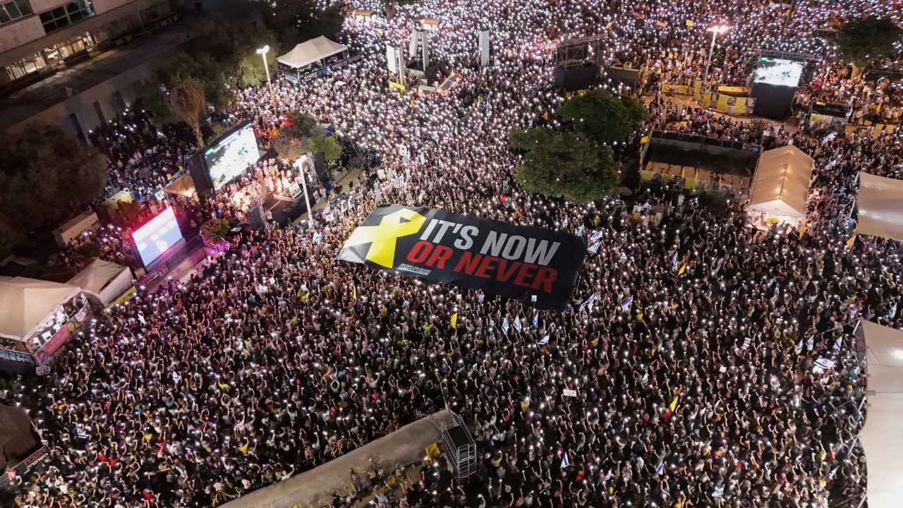 A drone view of families of hostages and their supporters protesting ahead of the two-year anniversary of the deadly October 7, 2023 attack on Israel by Hamas, demanding the immediate release of all hostages and the end of the war in Gaza, in Tel Aviv, Israel, October 4, 2025.