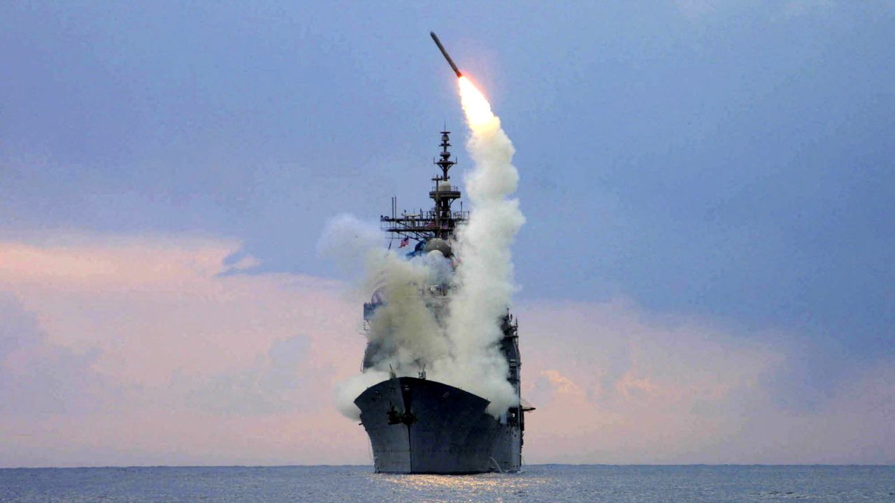 A Tomahawk Land Attack Missile is launched from the guided missile cruiser USS Cape St. George, in 2003.