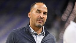 Oct 6, 2025; Fort Worth, Texas, USA; Dallas Mavericks general manager Nico Harrison looks on before the game against the Oklahoma City Thunder at Dickie's Arena. Mandatory Credit: Jerome Miron-Imagn Images