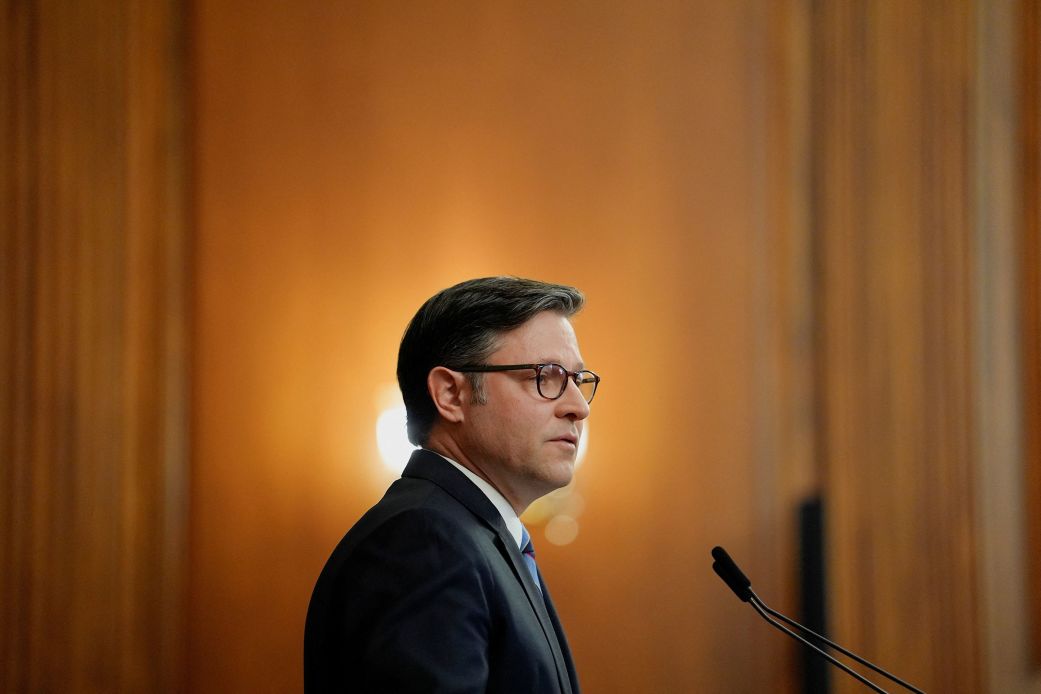 House Speaker Mike Johnson speaks during a press conference at the US Capitol on Tuesday.
