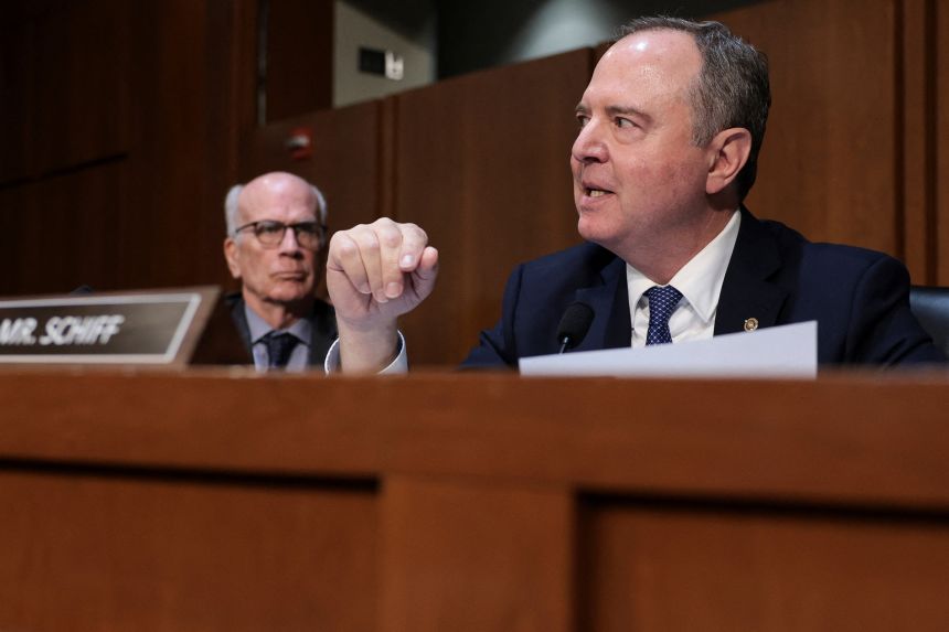 U.S. Senate Judiciary Committee member Senator Adam Schiff (D-CA) speaks during an oversight hearing of the Department of Justice with U.S. Attorney General Pam Bondi, on Capitol Hill in Washington, D.C., U.S., October 7, 2025.