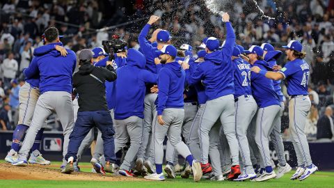 Oct 8, 2025; Bronx, New York, USA; The Toronto Blue Jays celebrate after beating the New York Yankees to win the ALDS round for the 2025 MLB playoffs at Yankee Stadium. Mandatory Credit: Brad Penner-Imagn Images