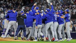 Oct 8, 2025; Bronx, New York, USA; The Toronto Blue Jays celebrate after beating the New York Yankees to win the ALDS round for the 2025 MLB playoffs at Yankee Stadium. Mandatory Credit: Brad Penner-Imagn Images