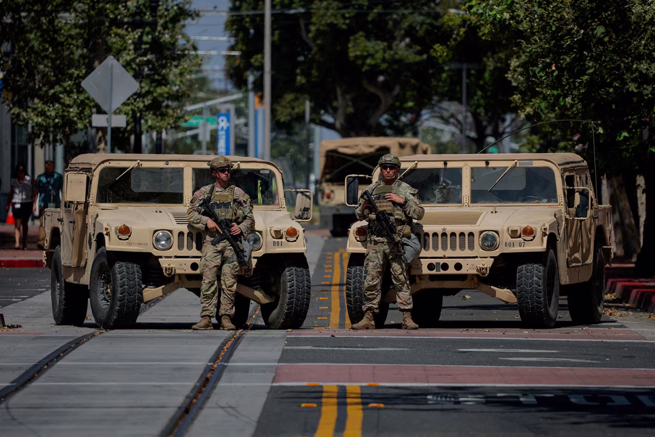 Members of the California National Guard are deployed outside a complex of federal buildings in Santa Ana, California, on June, 18.
