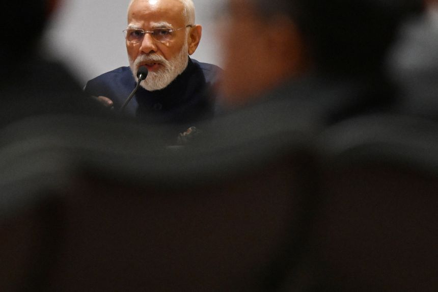 Prime Minister of India Narendra Modi attends the India-UK CEO Forum at Jio World Convention Centre in Mumbai, Indai, on October 9.