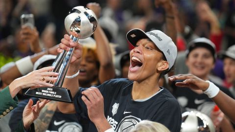 A'ja Wilson celebrates with her teammates.