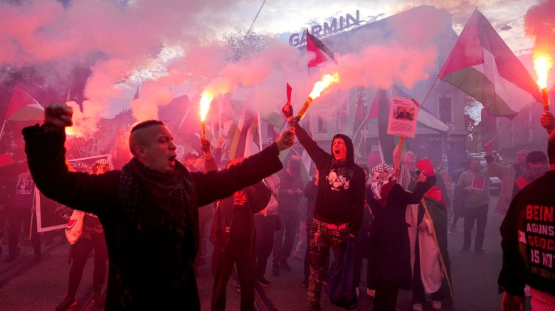 Pro-Palestinian protesters marched in Oslo before the match on Saturday.