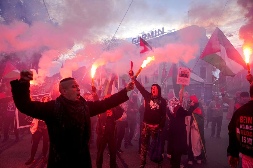 Pro-Palestinian protesters marched in Oslo before the match on Saturday.