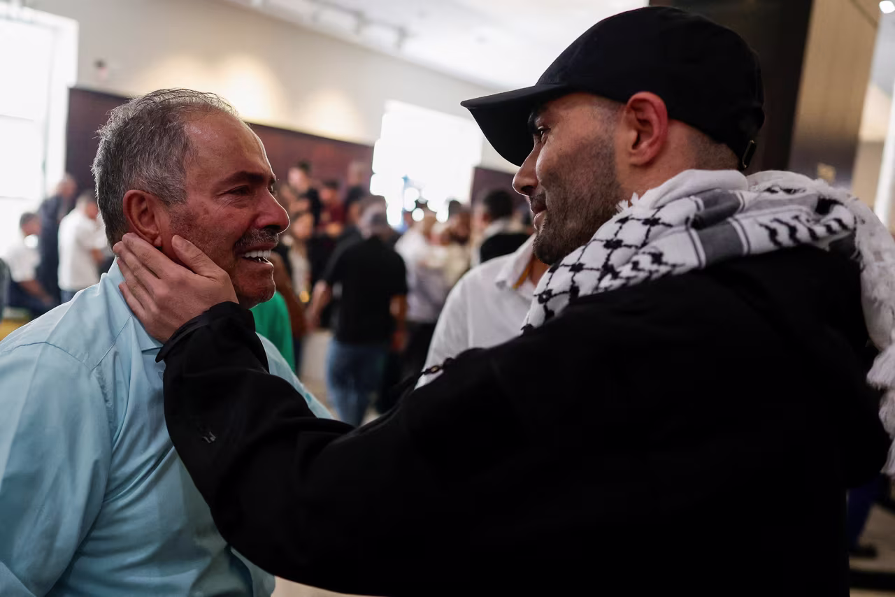 A freed Palestinian prisoner is greeted after he was released from an Israeli jail on Monday.