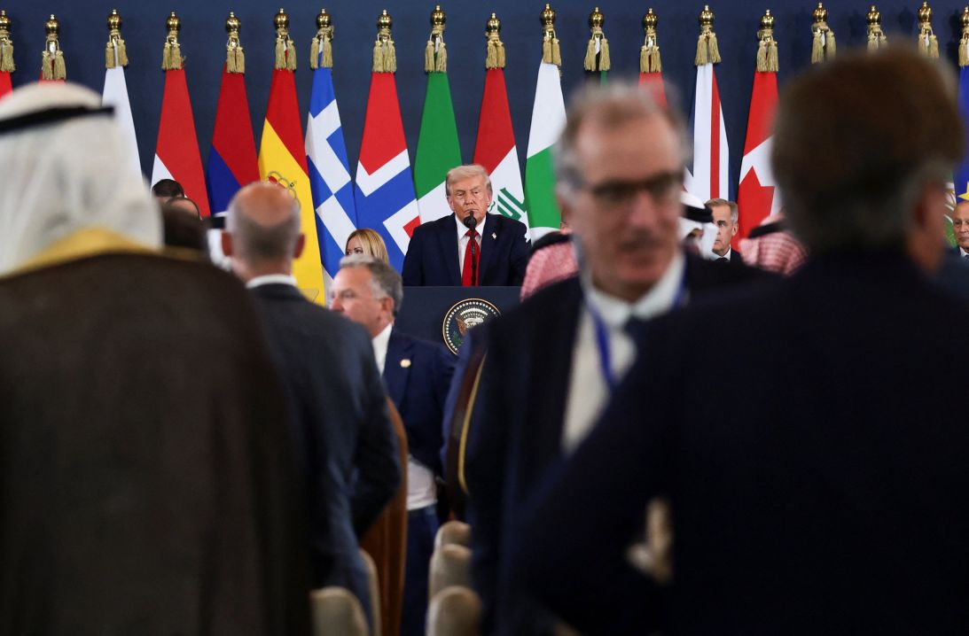 President Donald Trump looks on from the lectern during a world leaders' summit on ending the Gaza war, in Sharm El-Sheikh, Egypt, on Monday.