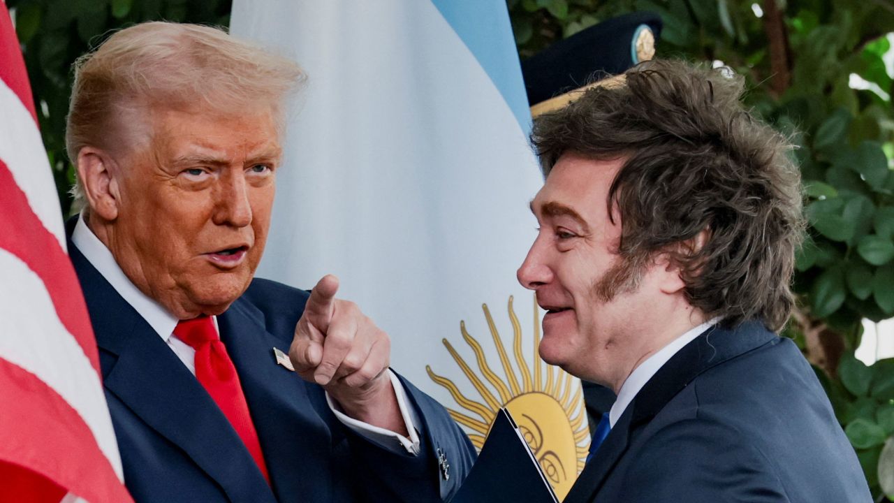 US President Donald Trump points a finger as he welcomes Argentina's President Javier Milei at the White House on Tuesday.
