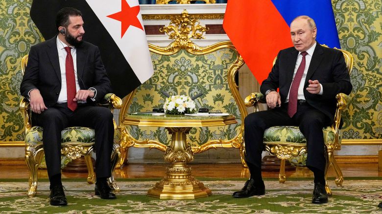 Russia's President Vladimir Putin and Syria's President Ahmed al-Sharaa speak during a meeting at the Kremlin in Moscow, Russia, October 15, 2025. Alexander Zemlianichenko/Pool via REUTERS
