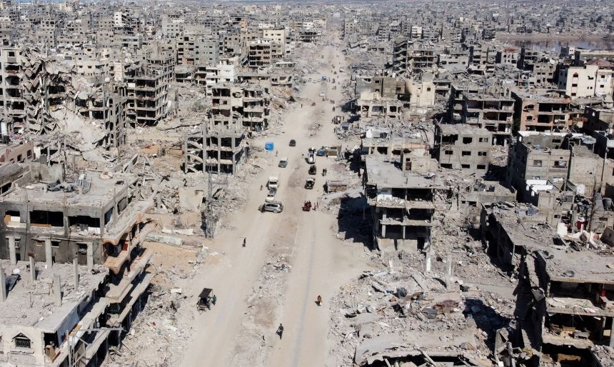 A drone view shows the destruction in a residential neighborhood, following the withdrawal of the Israeli forces from the area, amid a ceasefire between Israel and Hamas in Gaza, in Gaza City, October 16, 2025.