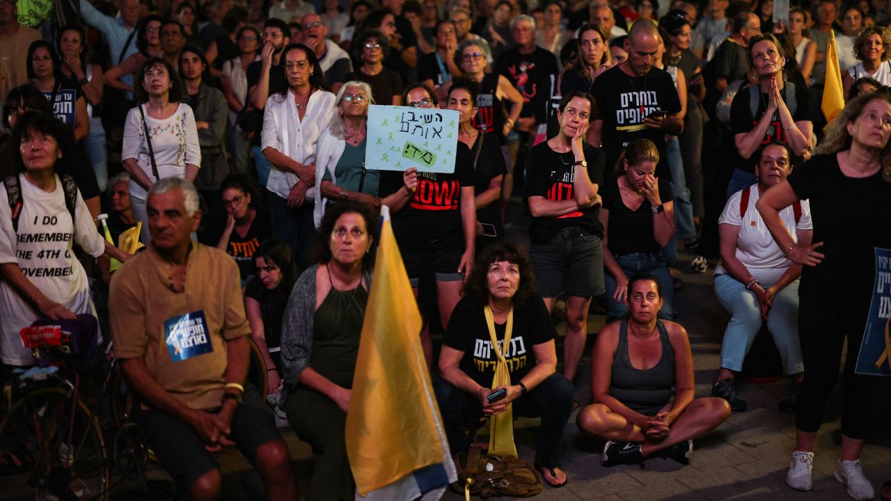Hostage families and supporters gather in Tel Aviv's Hostages Square on Saturday to demand the immediate release of the bodies of the deceased hostages.