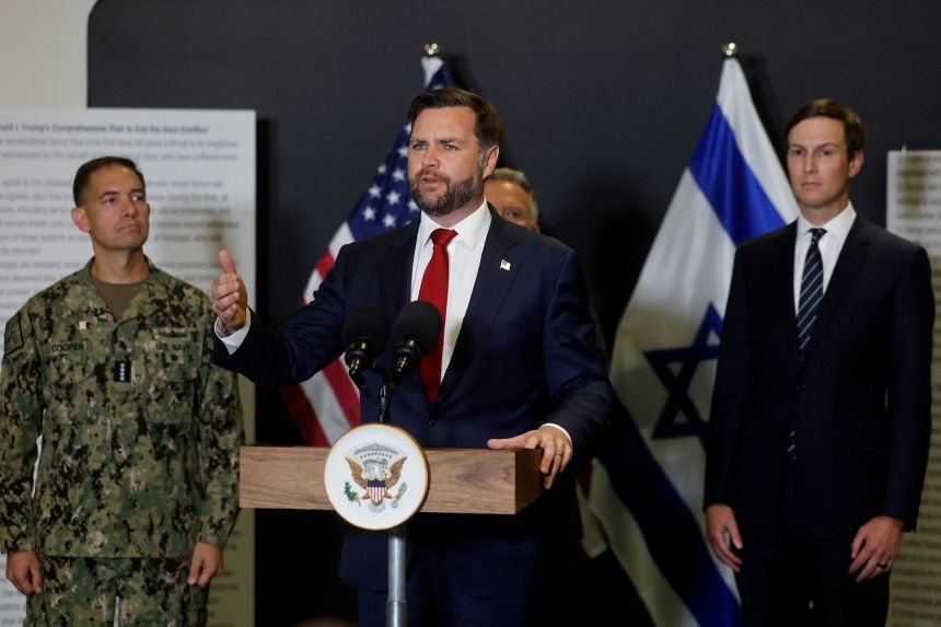 US Vice President JD Vance speaks to members of the media in Kiryat Gat, Israel, on October 21.
