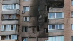 Smoke marks on the facade of a residential building damaged during a Russian drone and missile strike, amid Russia's attack on Ukraine, in Kyiv, on October 22, 2025.