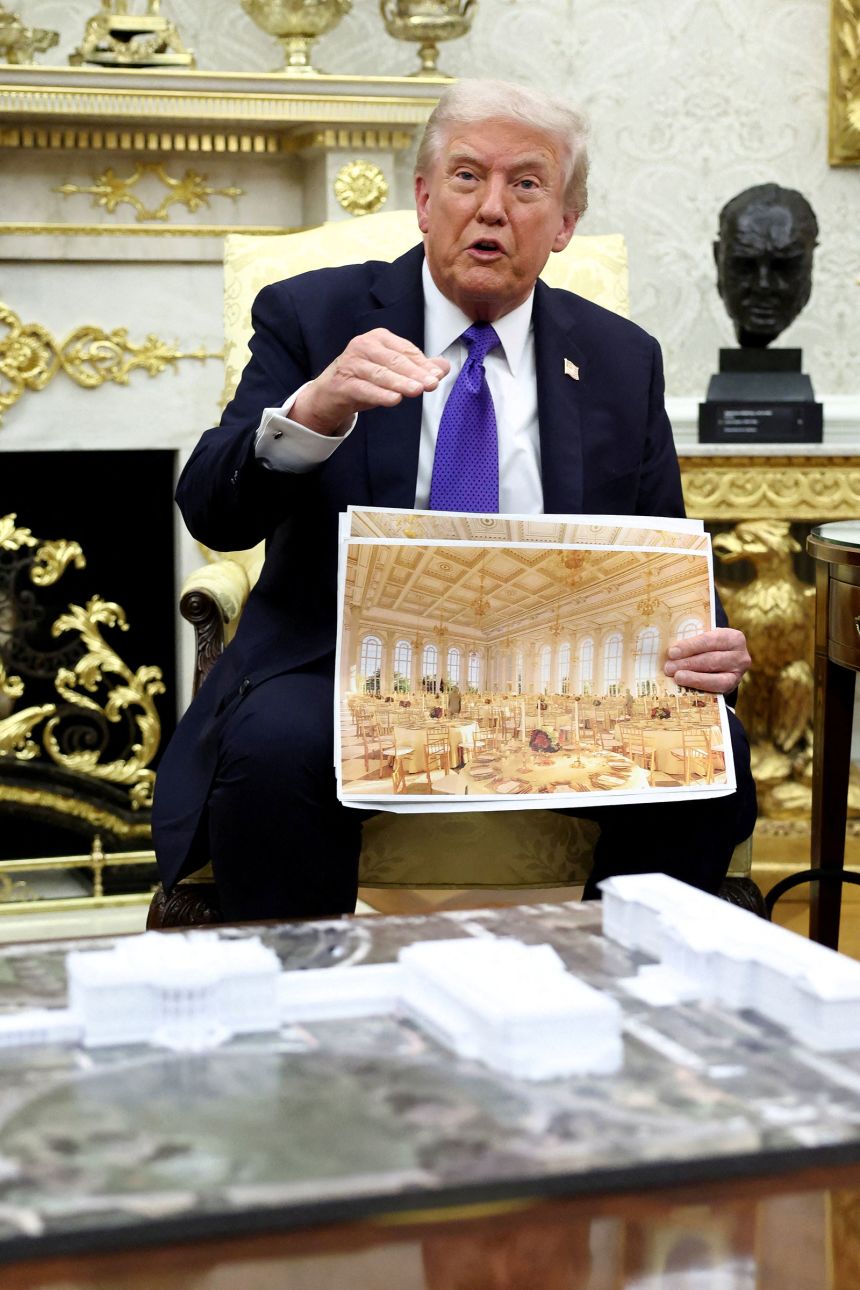 President Donald Trump holds a rendering of the the ballroom he plans to build, as he meets with NATO Secretary General Mark Rutte in the Oval Office on Wednesday.