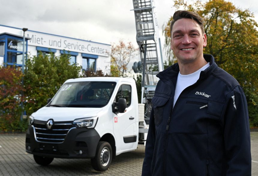 Alexander Becker, CEO of German crane manufacturer Becker Operating Cranes, poses in front of a crane believed to have been used in the robbery.