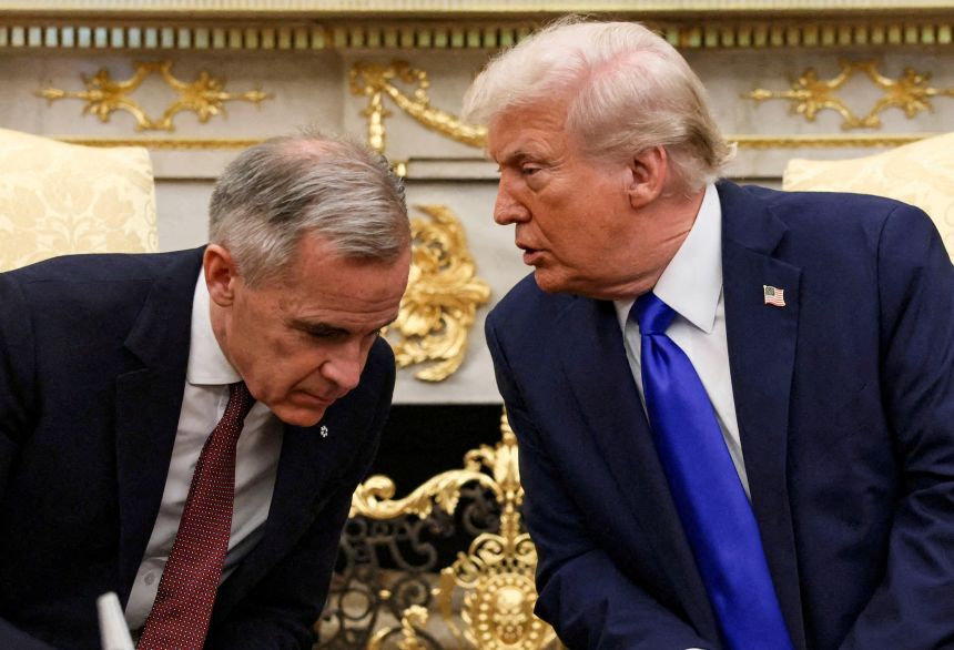 US President Donald Trump meets with Canadian Prime Minister Mark Carney in the Oval Office.