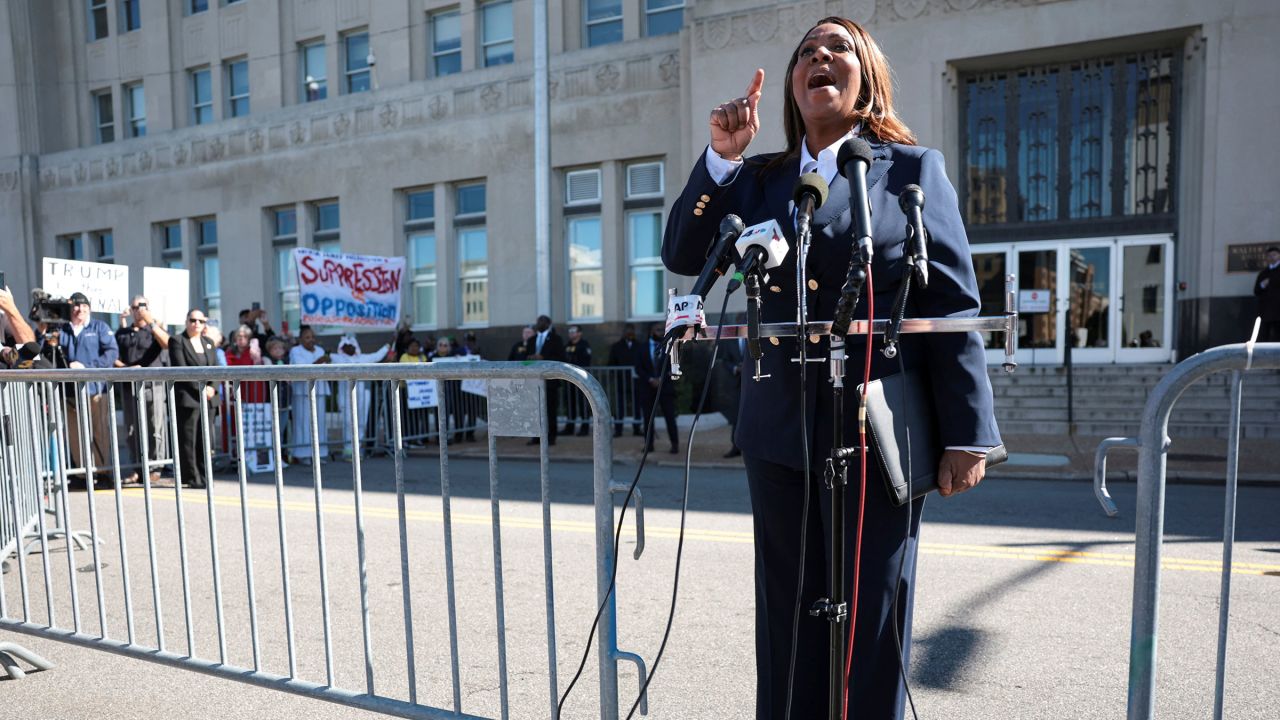 New York Attorney General Letitia James speaks to the media outside the U.S. District Court for the Eastern District of Virginia, in Norfolk, Virginia, U.S., October 24, 2025.