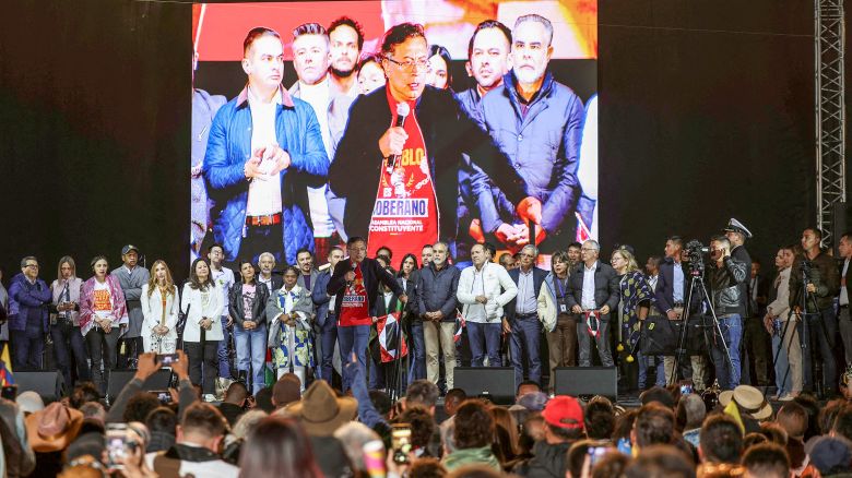 Colombian President Gustavo Petro speaks during a protest against US President Donald Trump's recent comments accusing him of drug trafficking and a court ruling that overturned convictions against former President Alvaro Uribe, in Bogota, Colombia, on October 24, 2025.