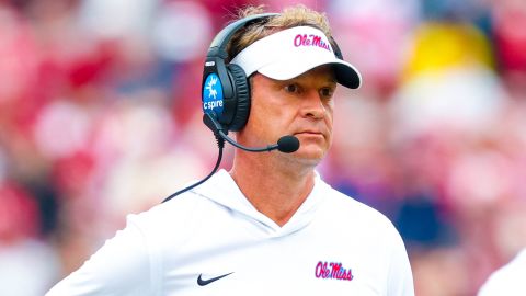 Oct 25, 2025; Norman, Oklahoma, USA;  Ole Miss Rebels head coach Lane Kiffin reacts during the second half against the Oklahoma Sooners at Gaylord Family-Oklahoma Memorial Stadium. Mandatory Credit: Kevin Jairaj-Imagn Images