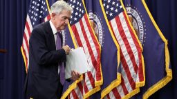 Federal Reserve Chair Jerome Powell leaves a press conference in Washington, DC, on October 29.
