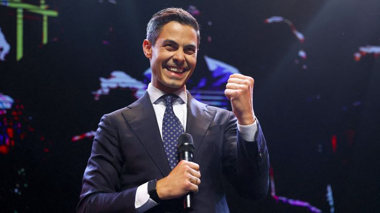 Democrats 66 (D66) party leader Rob Jetten gestures as he speaks following the first exit poll result in the Dutch parliamentary elections in Leiden, Netherlands, on Wednesday.