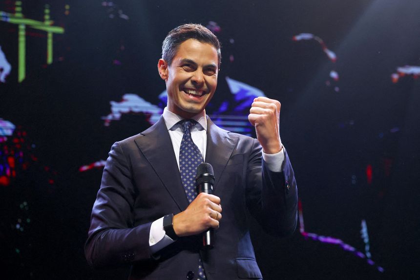 Democrats 66 (D66) party leader Rob Jetten gestures as he speaks following the first exit poll result in the Dutch parliamentary elections in Leiden, Netherlands, on Wednesday.