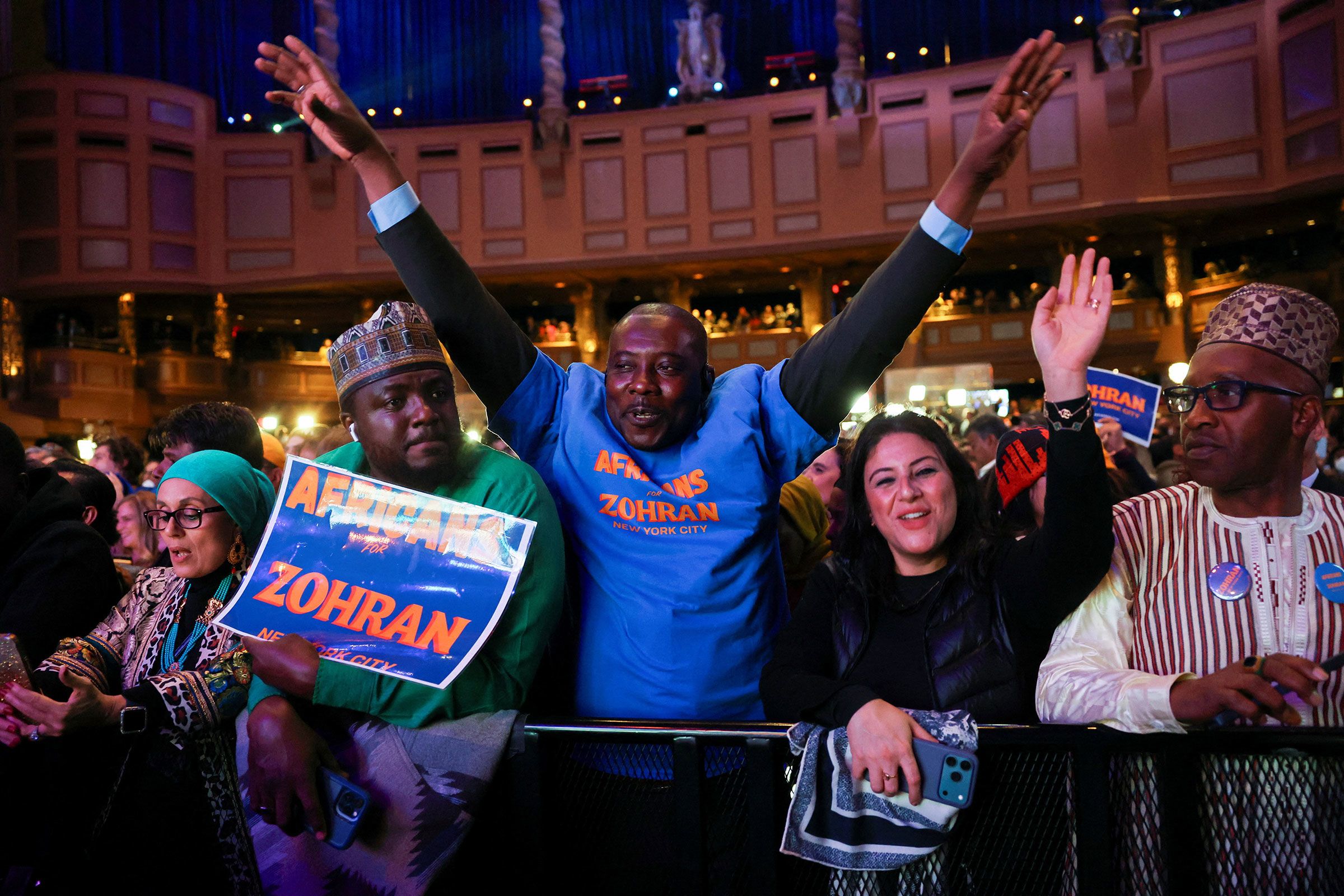 Supporters react after Democratic candidate for New York City mayor Zohran Mamdani won the 2025 New York mayoral race, at an election night watch party in Brooklyn.