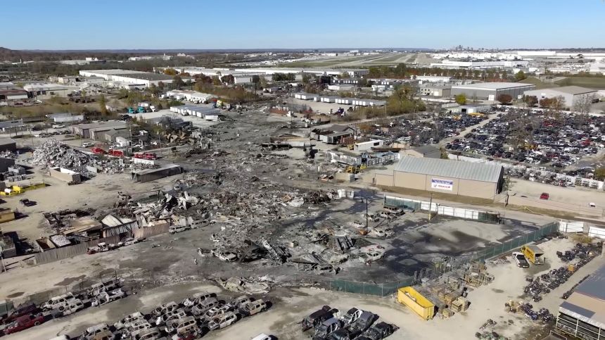 A drone view of the crash site near Muhammad Ali International Airport following the crash of a UPS cargo plane in Louisville, Kentucky, as seen in this screengrab from a video released Friday.
