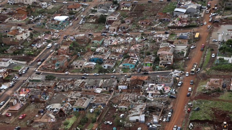 Aerial view of destroyed houses on Saturday after a tornado hit Rio Bonito do Iguacu, Parana state, Brazil.