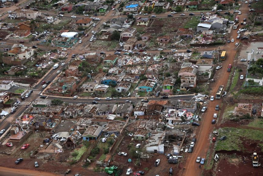 Aerial view of destroyed houses on Saturday after a tornado hit Rio Bonito do Iguacu, Parana state, Brazil.