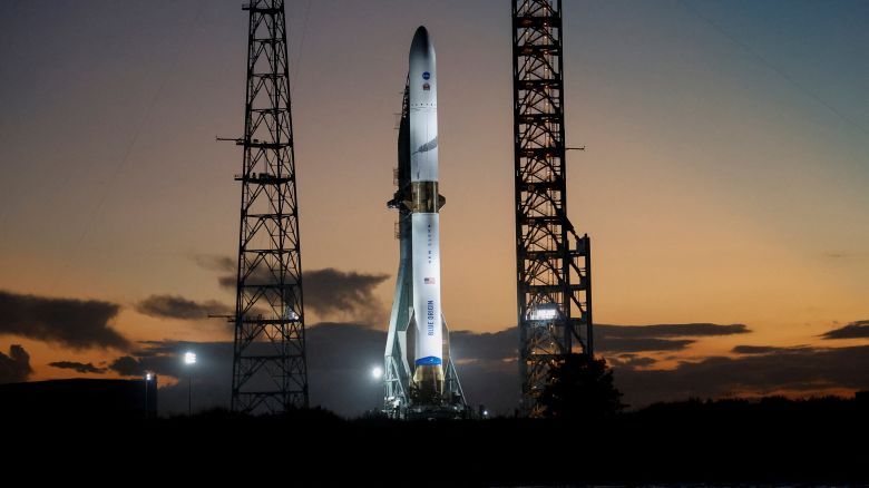 A Blue Origin New Glenn rocket is prepared for launch with NASA's EscaPADE mission with two satellites to orbit Mars, from the Cape Canaveral Space Force Station in Cape Canaveral, Florida, U.S., November 8, 2025.