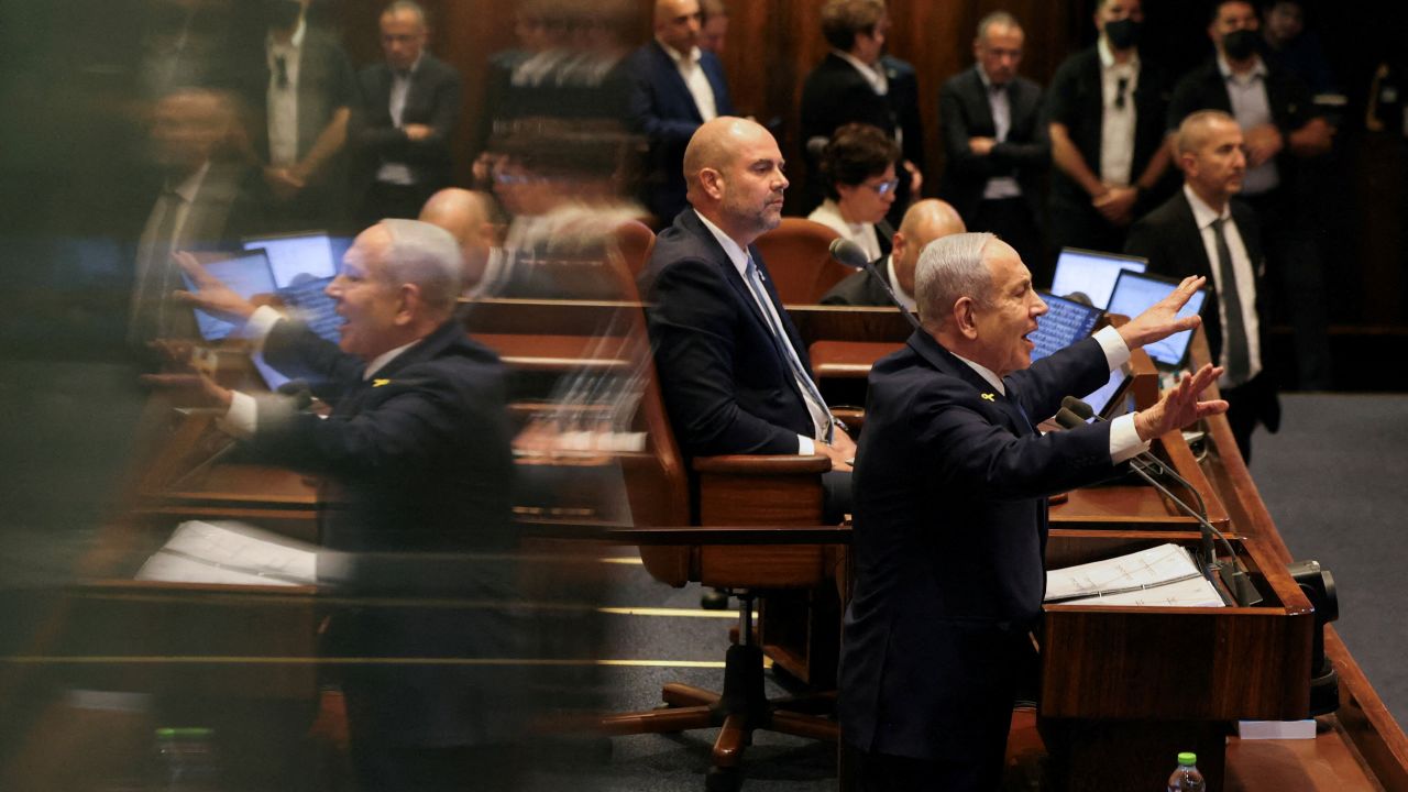 Israeli Prime Minister Benjamin Netanyahu speaks at the plenum of the Knesset, Israel's parliament, in Jerusalem, on November 10, 2025.