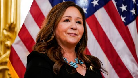 Rep. Adelita Grijalva looks on as she is ceremonially sworn in by U.S. House Speaker Mike Johnson at the US Capitol on Wednesday.