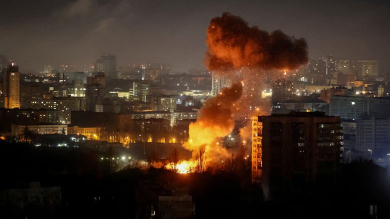 A drone explodes during a Russian missile and drone strike, amid Russia's attack on Ukraine, in Kyiv, Ukraine November 14, 2025. REUTERS/Gleb Garanich     TPX IMAGES OF THE DAY     