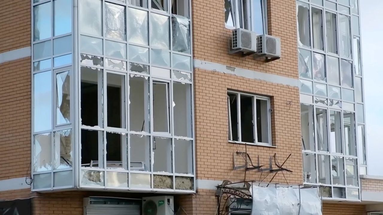 An apartment building damaged during what local authorities called a Ukrainian drone attack in Novorossiysk, Russia, on Friday.