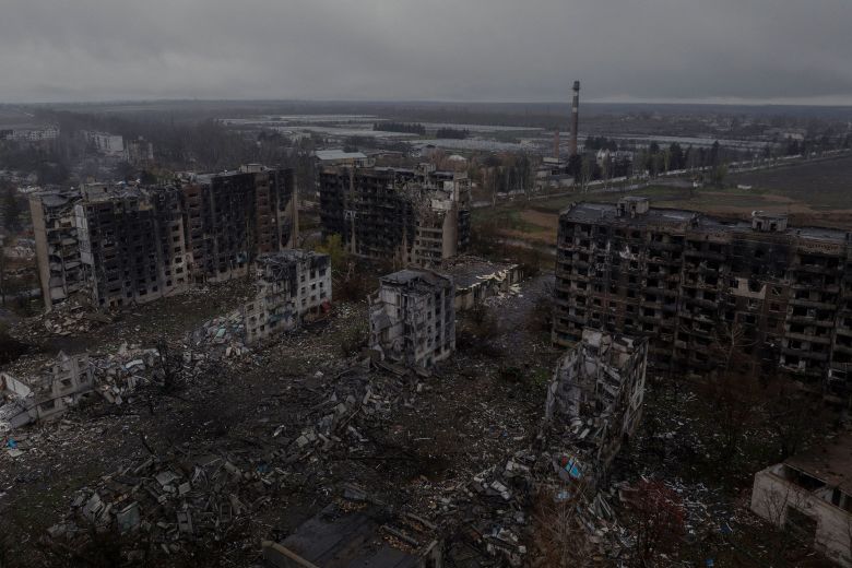 Apartment building destroyed and damaged by Russian military attack on November 12, 2025 in Kostiantyniivka.