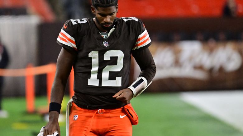 Cleveland Browns quarterback Shedeur Sanders (12) walks off the field following a game against the Baltimore Ravens at Huntington Bank Field in Cleveland, Ohio on November 16, 2025.