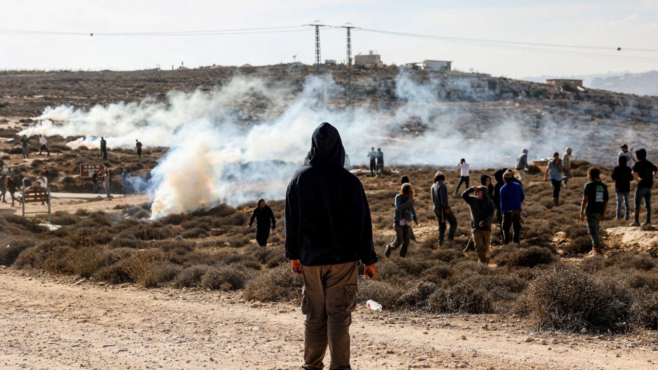 Protesters clash with Israeli security forces as Tzur Misgavi, an unauthorised Israeli settler outpost, is dismantled by Israeli security forces, in the Israeli-occupied West Bank, on Monday, November 17.