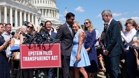 Democratic Rep. Ro Khanna embraces GOP Rep. Marjorie Taylor Greene during a press conference to discuss the Epstein Files Transparency bill, on Capitol Hill in Washington, September 3, 2025.