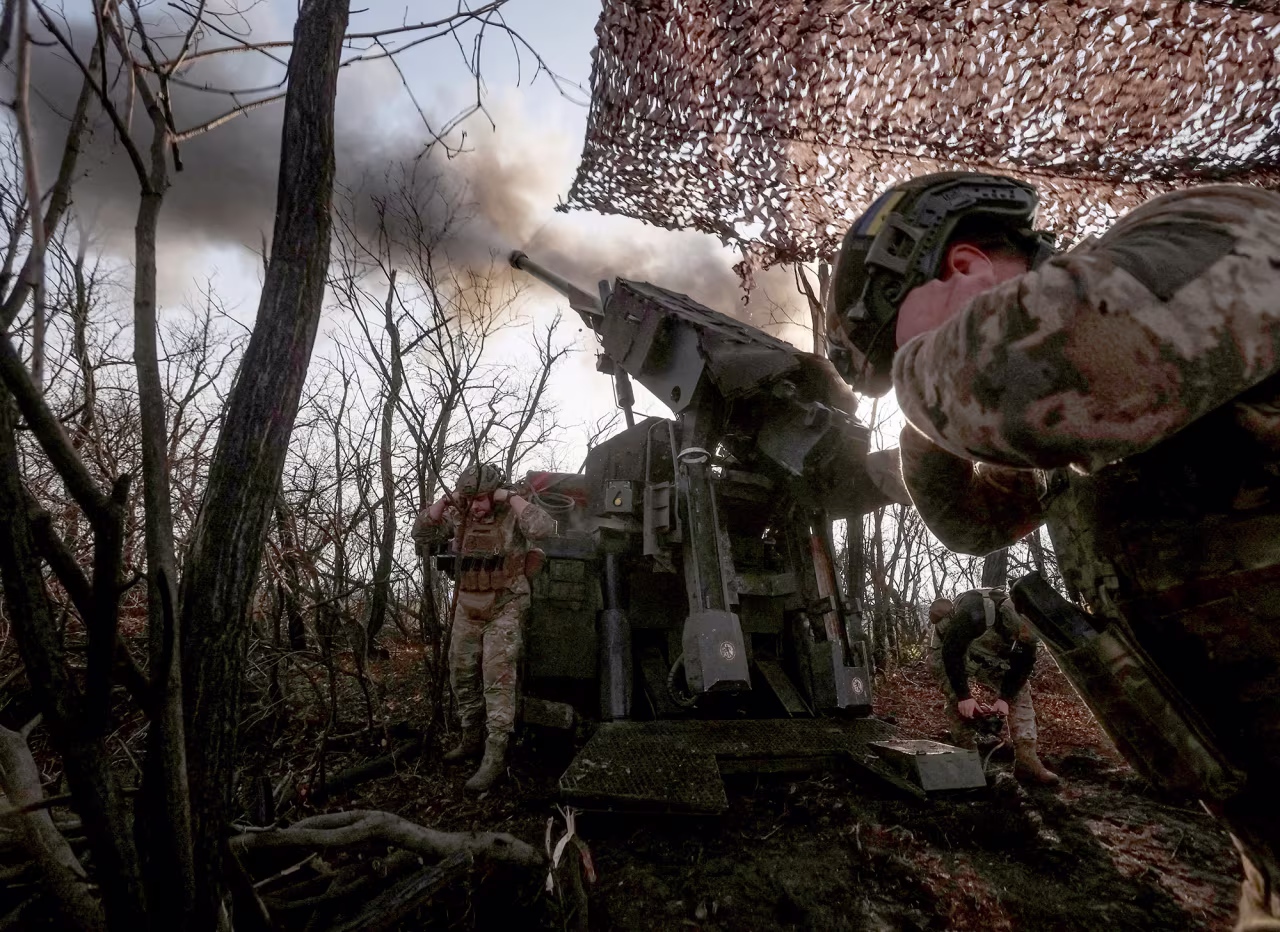Servicemen of the 148th Separate Artillery Zhytomyr Brigade of the Armed Forces of Ukraine fire a Caesar self-propelled howitzer toward Russian troops, near the frontline town of Pokrovsk in Donetsk region, Ukraine on Monday.