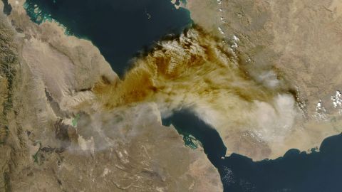 A satellite image shows ash rising from the eruption of the Hayli Gubbi volcano in Ethiopia as it drifts over the Red Sea, November 23, 2025.