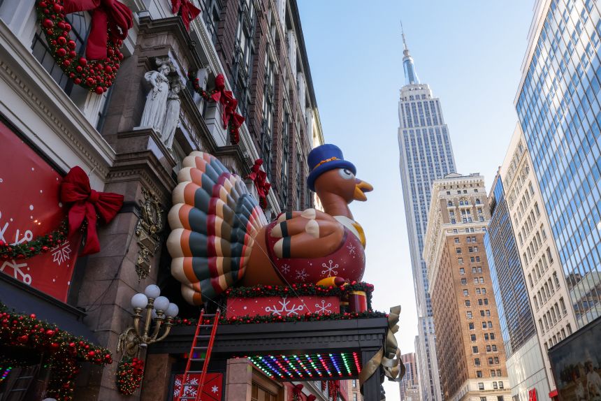 Decorations for Macy's Thanksgiving Day Parade were installed in Macy's Herald Square in New York City on Monday.